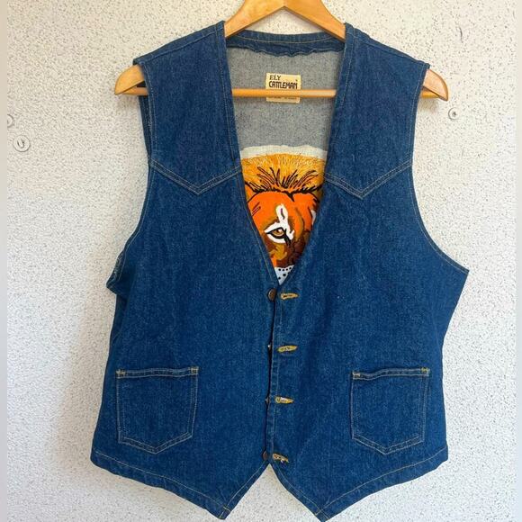 Lion embroidered denim vest Ely Cattleman vintage unisex XL unique western boho - Picture 2 of 6
